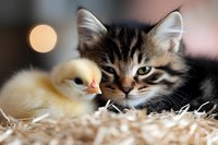 Adorable baby chick and tabby kitten snuggling together on hay, showing unusual animal friendship and bonding. Soft bokeh background creates dreamy atmosphere.