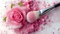Pink rose bloom with scattered makeup blush powder and professional cosmetic brush on light background, feminine beauty concept for cosmetics and skincare marketing.