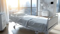Empty hospital room with white medical bed against panoramic city window view at sunrise, modern healthcare facility interior with medical equipment.