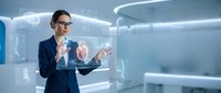 Professional businesswoman in suit interacting with futuristic holographic interface technology in modern office environment for digital innovation concepts.