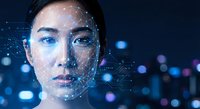 Young Asian woman with facial recognition technology overlay and digital network connections against futuristic city lights background.