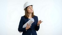 Young Caucasian female engineer or architect wearing white hard hat and dark blazer, holding blueprints and gesturing while looking upward, isolated on white background for construction and business concepts.