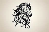 Black tribal horse head with flowing mane design on light beige background, isolated decorative element for tattoo art and creative projects.