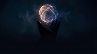 Glowing geometric sphere with intersecting rings floating above open hands in dark mystical atmosphere with smoke effects for digital art projects.