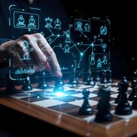 Hand touching holographic chess interface with digital analytics and strategy icons floating above wooden chessboard for business planning concepts.