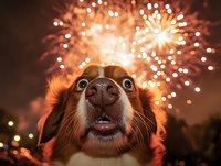 Scared dog wearing winter hat during fireworks display showing pet anxiety and fear during holiday celebrations and New Year festivities.