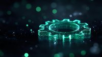 Glowing green gear shape with digital binary code pattern on dark background with bokeh lights creates futuristic technology concept for business innovation.
