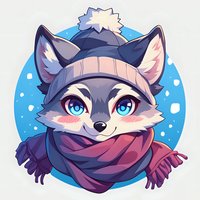 Cute cartoon wolf wearing winter hat and scarf against blue snowy background, drawn in kawaii anime style with big expressive eyes and friendly smile.