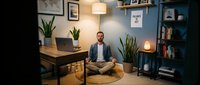 Middle-aged man with beard, Caucasian ethnicity, sitting in lotus position on floor mat during meditation break in modern home office workspace with laptop, wooden desk, plants, and blue shelving.