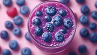 Fresh blueberry smoothie in glass with whole berries on top, surrounded by scattered blueberries on pink background for healthy breakfast and nutrition concepts.