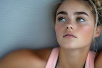 Young woman with natural makeup and glowing skin wearing pink tank top, looking up thoughtfully in soft window light, blonde hair pulled back.
