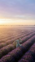 Young woman in flowing dress walking through purple lavender field rows at golden hour sunset with dreamy pastel sky for romantic nature concepts.