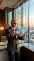 Senior businessman using smartphone with holographic interface in modern office overlooking city skyline at sunset for digital transformation concepts.