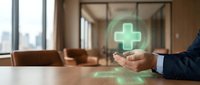 Professional businessman holding glowing green medical cross hologram in modern office conference room representing healthcare technology and digital medicine solutions.