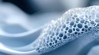 Macro photography of soap bubbles forming delicate foam pattern in cool blue tones. Abstract background showcasing natural geometric shapes and light reflections.
