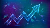 Digital growth arrow with geometric wireframe design on gradient blue purple background with glowing particles and circuit patterns for business analytics.