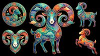 Colorful ornate ram set with floral folk art patterns, isolated on transparent background. Great for zodiac clipart, stickers, t-shirt design, sublimation, and print on demand.