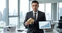 Professional Caucasian businessman in dark suit holding wooden house model and tablet with financial charts in modern office with city skyline view.