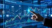 Professional businessman analyzing financial data on futuristic holographic display with candlestick charts and market trends in modern trading environment.