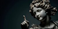 Classical marble statue of young woman with curly hair pointing upward against dark background, ancient Greek Roman sculpture art for educational content.