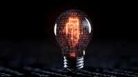Digital binary code forming human face inside glowing light bulb on dark background, representing artificial intelligence and machine learning technology.