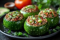 Round zucchini stuffed with meat and vegetables garnished with fresh herbs on black plate. Close up view of homemade baked squash with minced filling.