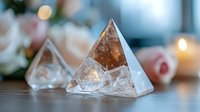 Clear quartz crystal pyramids with natural inclusions on wooden surface against soft bokeh background with candles and pink roses creating spiritual atmosphere.