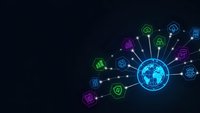 Global digital network with glowing Earth surrounded by connected technology icons on dark background for business and communication concepts.
