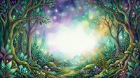 Enchanted forest clearing with glowing magical light, twisted ancient trees framing lush vegetation and mystical atmosphere for fantasy artwork and game design.