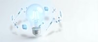 Light bulb with floating digital icons and data symbols representing innovation, technology solutions, and creative business ideas on white background.
