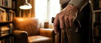 Senior man with weathered hands holding eyeglasses in warm home library with leather armchair and bookshelves, representing retirement, wisdom, and comfortable living spaces.