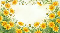 Watercolor floral frame with bright yellow daisy flowers and green leaves on light background, copy space for text or greeting card design.
