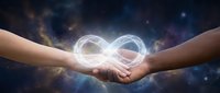 Two hands reaching toward each other with glowing infinity symbol above against cosmic starry background representing eternal connection and unity.