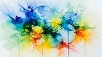 Abstract watercolor splash with vibrant blue, green, yellow and orange ink blots creating dynamic fluid art composition for modern creative projects.