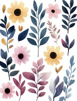 Floral pattern with yellow and pink daisies, navy and burgundy leaves on white background. Minimalist botanical design for fabric, wallpaper and stationery.