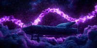 Surreal night scene with bed floating among purple glowing clouds and cosmic energy streams, dreamy atmosphere with starry sky background in dark blue tones.