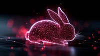 Glowing pink neon rabbit silhouette with sparkle particles effect on dark background, digital art style with bokeh lights and reflection surface.
