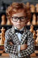 Young redhead boy in glasses and plaid blazer with bow tie poses confidently with crossed arms near chess pieces, expressing serious determination.