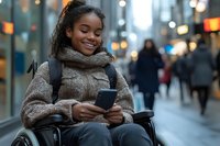 Young woman with dark curly hair and medium skin tone using smartphone while sitting in wheelchair on urban street. Wearing cozy sweater and scarf, smiling confidently in city environment for lifestyle and accessibility content.