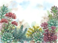 Watercolor succulent garden frame with colorful plants and flowers on soft pastel background for botanical designs and natural decorative projects.