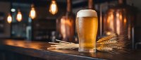 Fresh golden beer with foam head and wheat stalks on wooden bar counter in warm pub atmosphere with vintage Edison bulb lighting for brewery marketing.