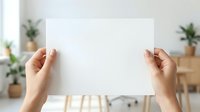 Hands holding blank white paper sheet in modern office workspace with potted plants and wooden furniture for mockup and branding purposes.