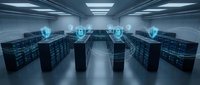 Modern data center server room with glowing security shield icons representing cybersecurity protection and network defense systems in futuristic facility.