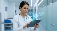 Female doctor using digital tablet with holographic medical data display in modern hospital corridor for healthcare technology applications.