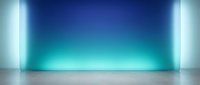 Empty modern studio with neon cyan and blue glowing lights on walls, concrete floor, minimalist interior design space for product display and commercial advertising.