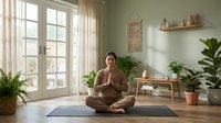 Asian woman meditating in lotus pose on yoga mat in cozy green home interior with plants, practicing mindfulness and relaxation.