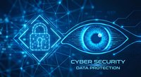 Cyber security data protection concept with digital eye and padlock on futuristic network background for technology presentations and cybersecurity materials.