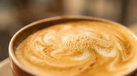 Latte with latte art featuring decorative swirl pattern in foam, close-up of hot beverage for coffee shop, café, and restaurant use.