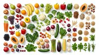 Colorful assortment of fresh fruits, vegetables, nuts, seeds and herbs arranged on white background for healthy eating and nutrition concepts.