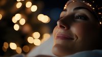 Young woman relaxing with warm bokeh lights creating peaceful evening atmosphere for wellness and self-care concepts.